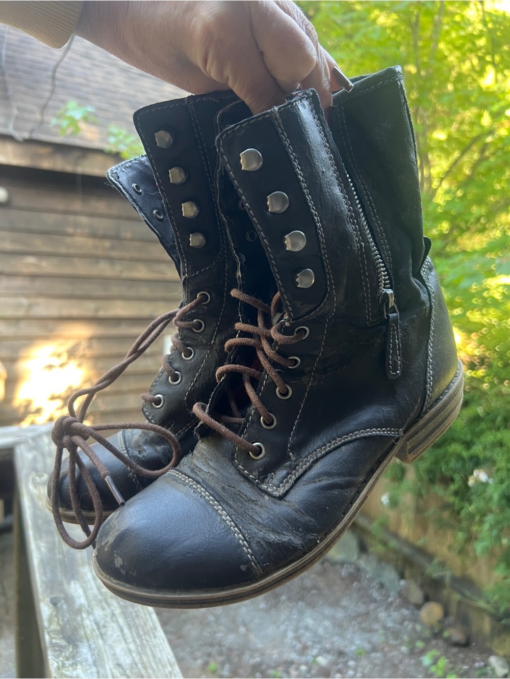 Black Lace-Up Women's Combat Boots with Plaid Lining